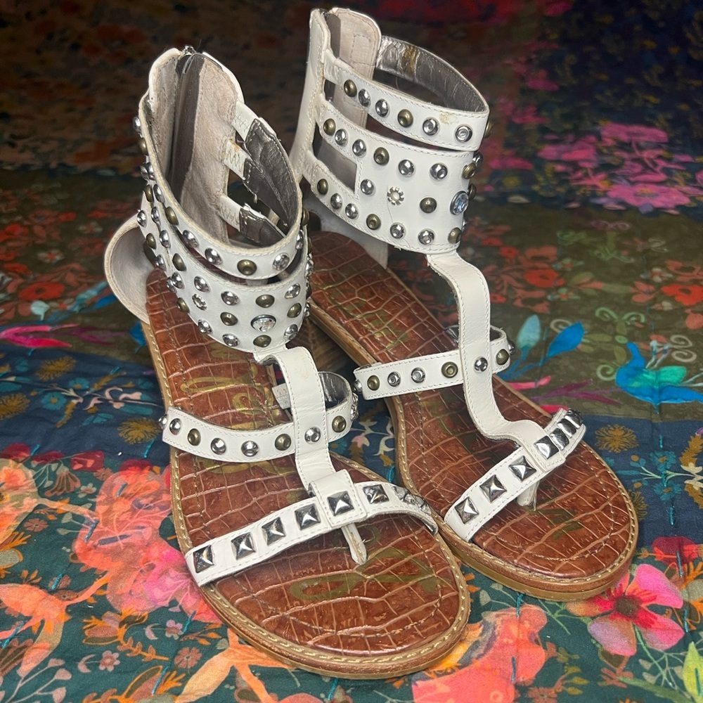 Sam Edelman Studded White and Brown heeled Gladiator Sandals